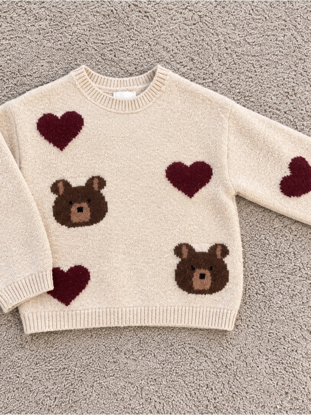 Zara Cream Crewneck Sweater with Burgundy Hearts & Brown Bear Motifs